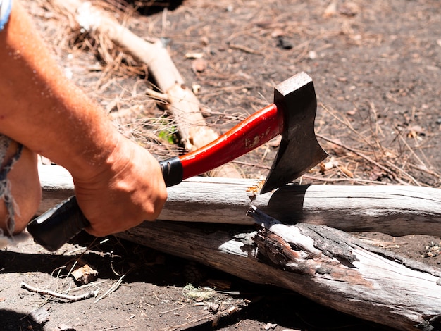 Coltivi la mano maschio che taglia il legno a pezzi con l'ascia il giorno soleggiato