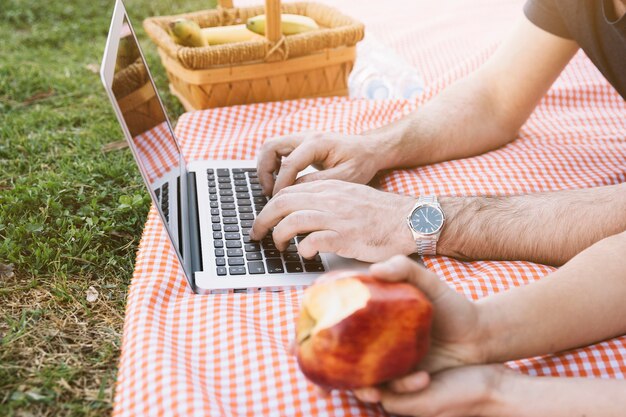 Crop people browsing laptop on picnic
