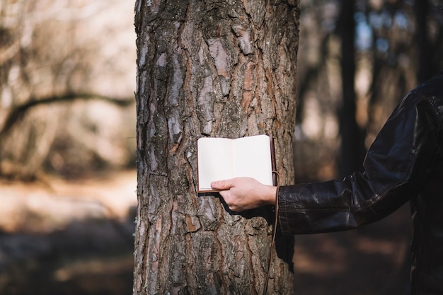 Crop person holding notebook near tree