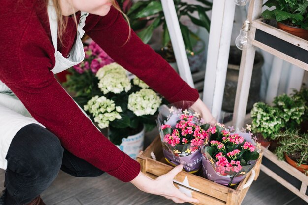 Crop woman arranging delivered flowers