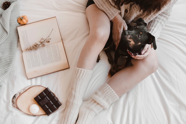 Crop woman and dog near chocolate and book