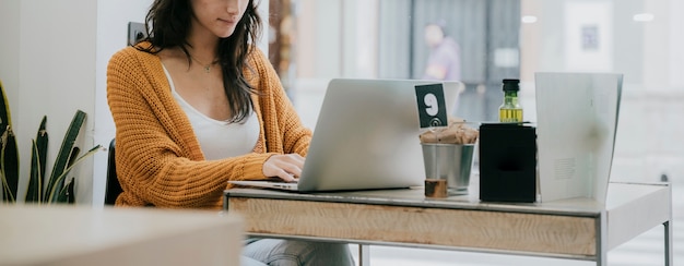 Crop woman using laptop in cafe