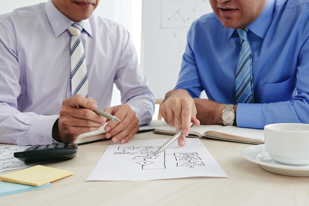 Cropped businessmen strategizing with a business chart