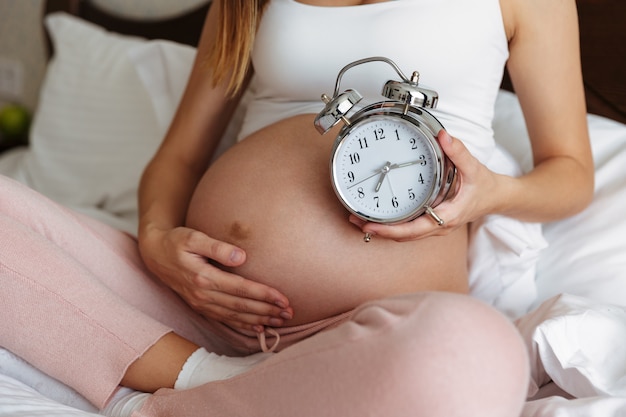 Cropped image of pregnant woman indoors at home