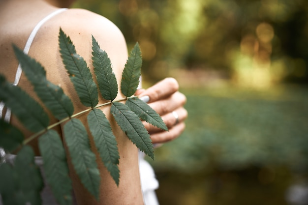 Cropped image of unknown mysterious young woman posing in park, holding green leaf while relaxing outdoors on sunny day. Close up of fern plant in female hand.