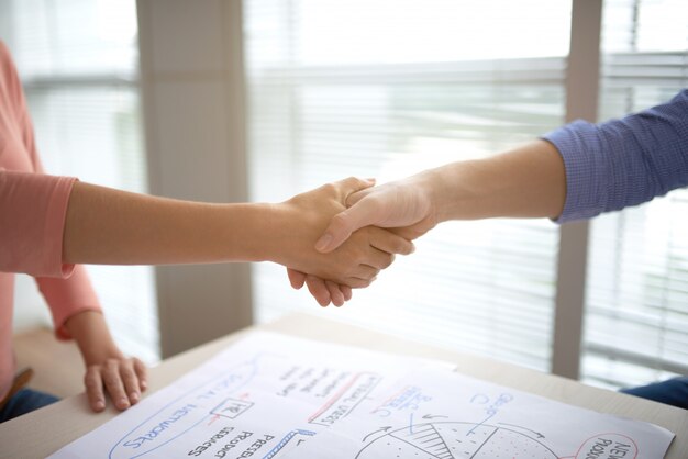 Cropped people shaking hands in agreement