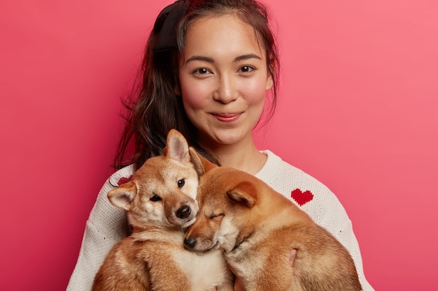 Cropped shot of pretty woman looks gladfully at camera, poses with two small beautiful shiba inu dogs who sleep on her hands, being good friends.