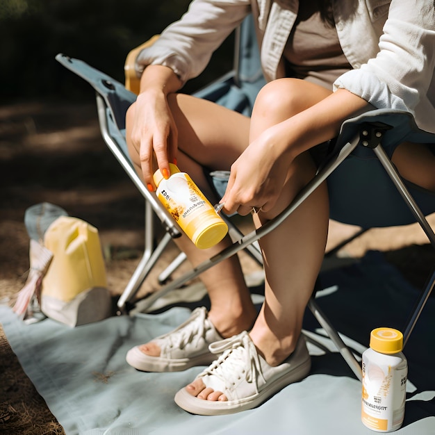 外で足に日焼け止めローションを塗る女性のクロップショット