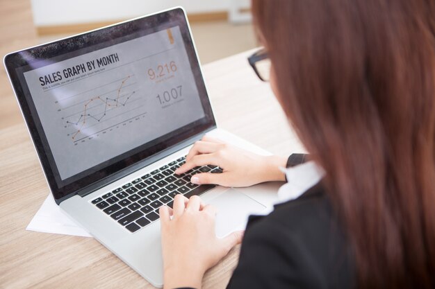 Cropped View of Business Woman Working on Laptop