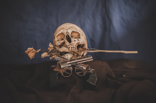 cross gun and a skull in the mouth with dry flowers