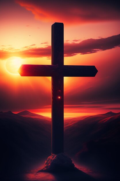 Cross on a mountain with the sun setting behind it