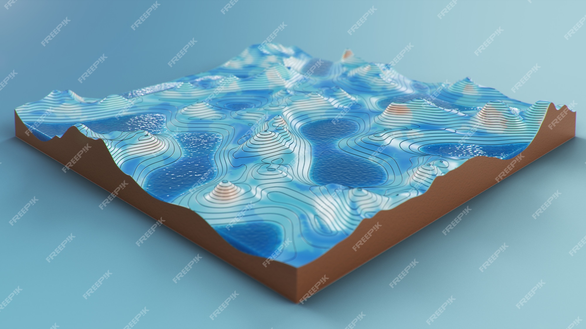 Premium Photo | Cross section topographic 3d map with water. contour