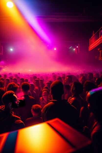 A crowd of people are standing in a club with pink and purple lights.