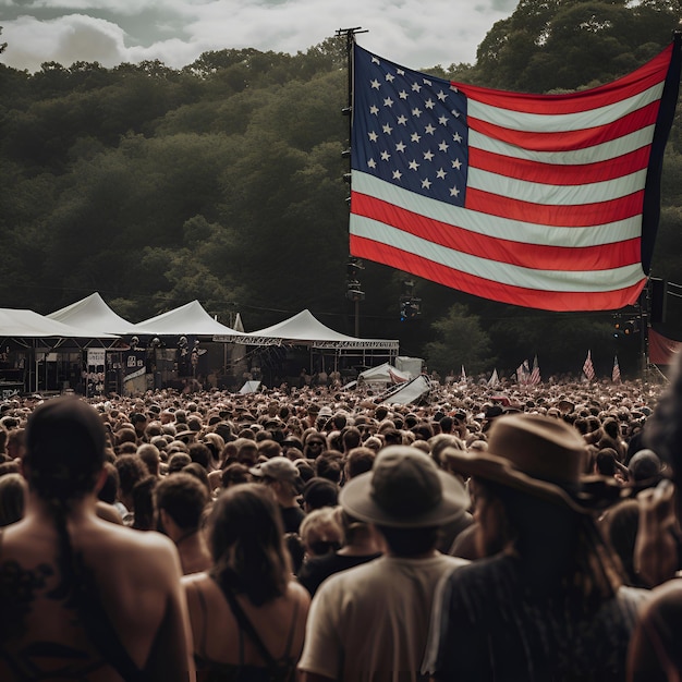 Foto gratuita una folla di persone a un concerto davanti alla bandiera americana