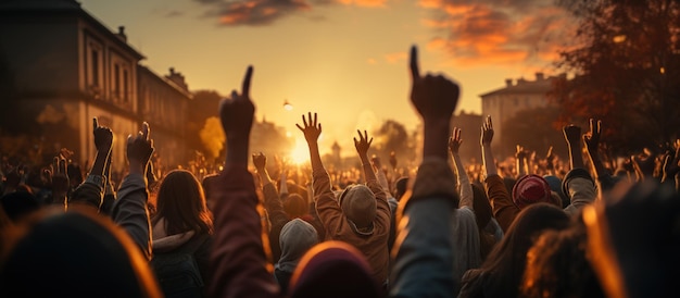 Crowd of people raising their hands in the air at a music festival