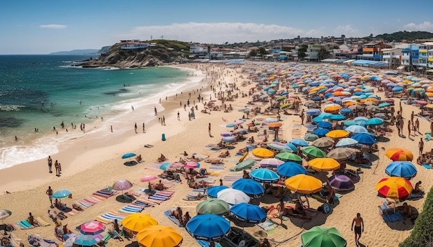 Foto gratuita divertimento a prendere il sole sulla spiaggia affollata al sole generato dall'intelligenza artificiale