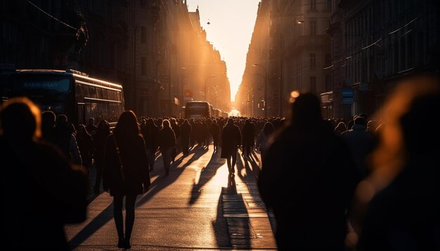 AI によって生成された夕暮れのバックライトで混雑した街の通り