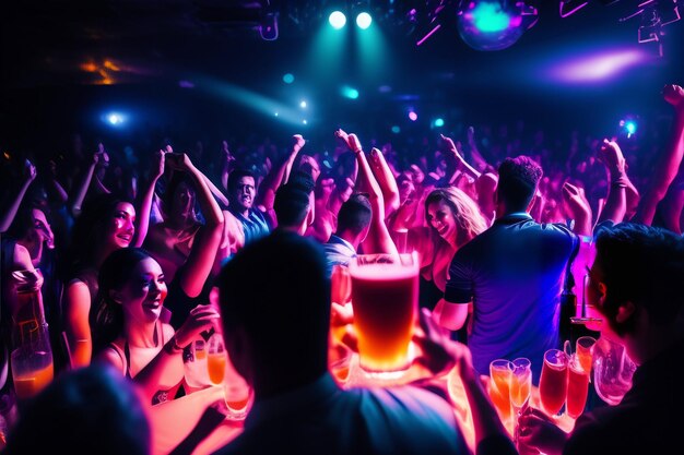 A crowded nightclub with people holding beer glasses and a large number of people holding drinks