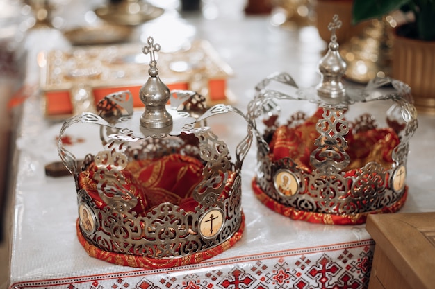 Crowns are lying on the table in church