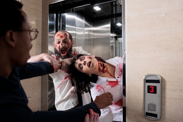 Free photo cruel scary zombies chasing afraid man, leaving elevator to eat brain and attack office. scared frightened person running from terrifying evil monsters with wounds, walking dead hunting.