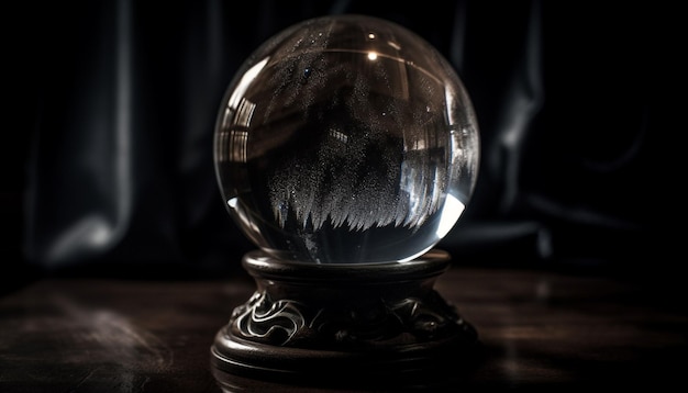 Free photo a crystal ball on a wooden table generated by ai
