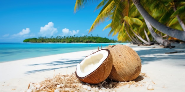 Free photo crystal blue waters backdrop a coconut on the shore embodying island tranquility