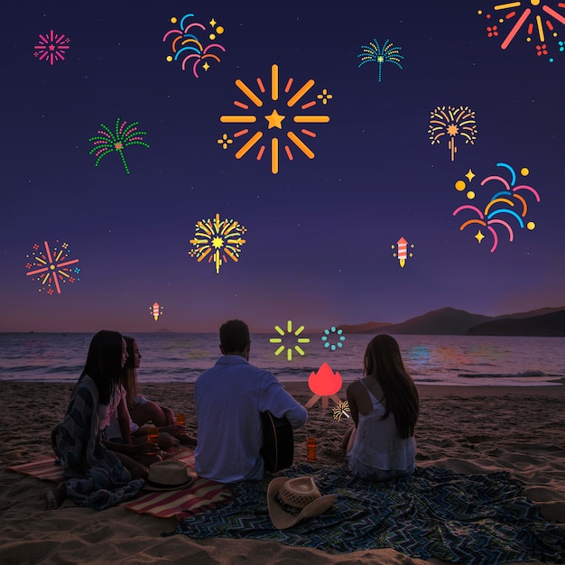 무료 사진 친구와 불꽃 놀이 필터와 함께 맑은 밤하늘