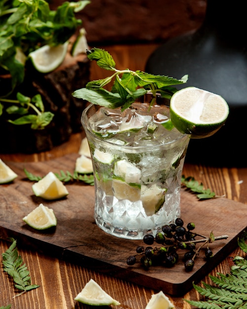 Foto gratuita bicchiere di cristallo di bevanda mojito guarnito con fette di lime