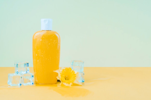 Crystal ice cubes with daffodil flower and yellow sunscreen lotion bottle against green backdrop