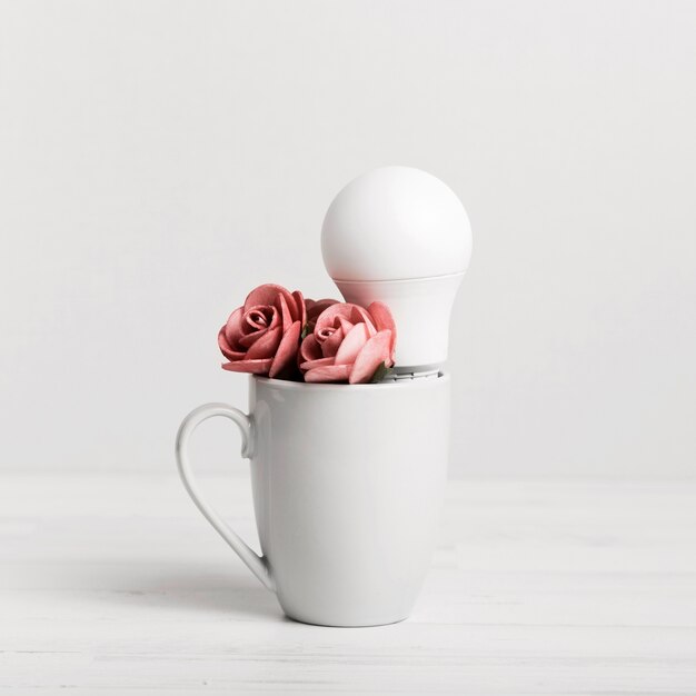 Cub with beautiful roses and a light bulb