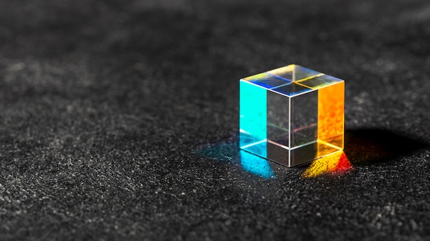 Cubic transparent prism and lights copy space