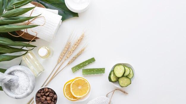 Cucumber and cleansing disks on table