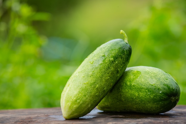 Free photo cucumber that is placed on a wooden table and has a natural green color blurred in the back.