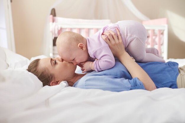 Cuddles with mommy in the bed