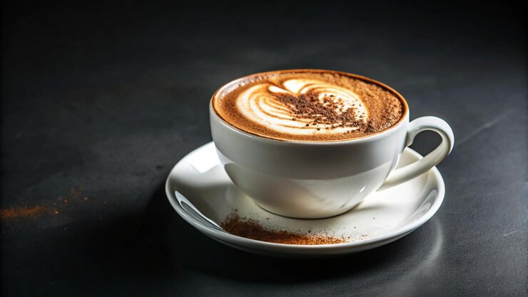 Free Photo a cup of cappuccino with a heart design in the foam sprinkled with cocoa powder sits on a white saucer on a dark background