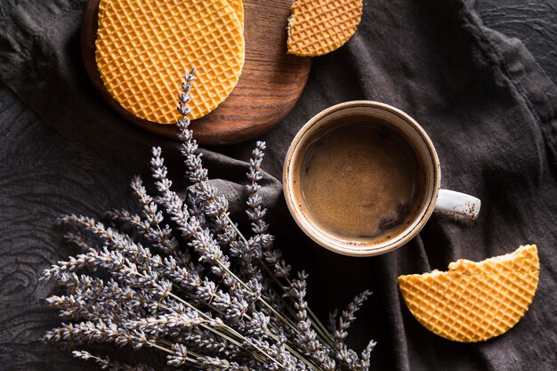 Cup of coffee arrangement with stroopwafle