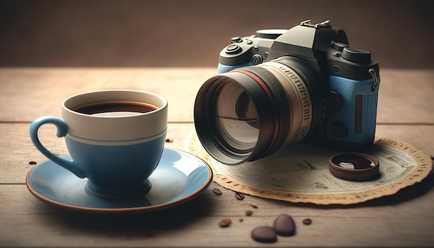 Una tazza di caffè e una macchina fotografica sul tavolo generativo al