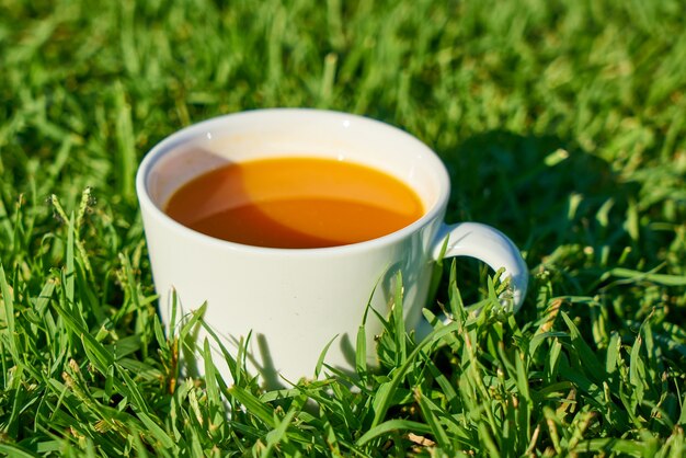Чашка кофе на зеленой лужайке