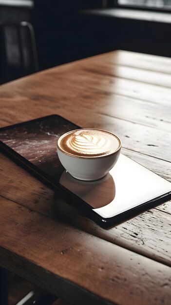 커피 가게 의 나무 테이블 에 있는 커피 라테 아트 컵