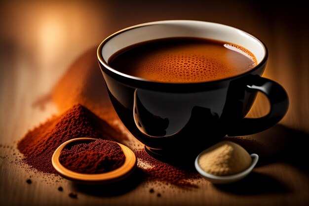 A cup of coffee sits on a table with other spices.