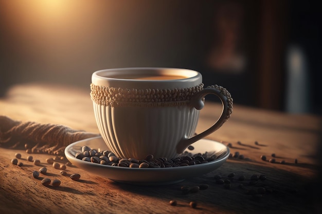 Free photo a cup of coffee sits on a wooden table with a few coffee beans.