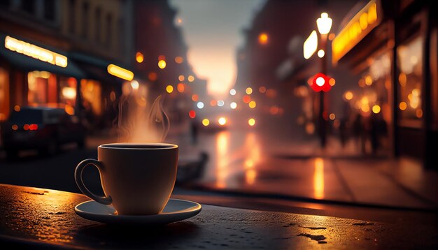 A cup of coffee on a table in front of a street with a city lights in the background