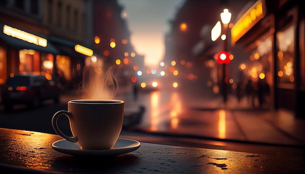A cup of coffee on a table in front of a street with a city lights in the background