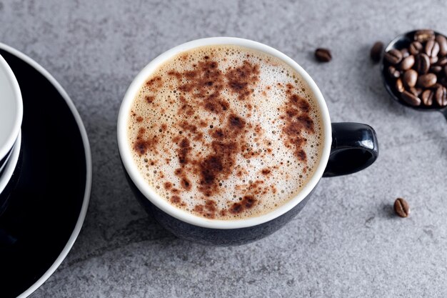 灰色の背景上のテーブルの上のコーヒー カップ