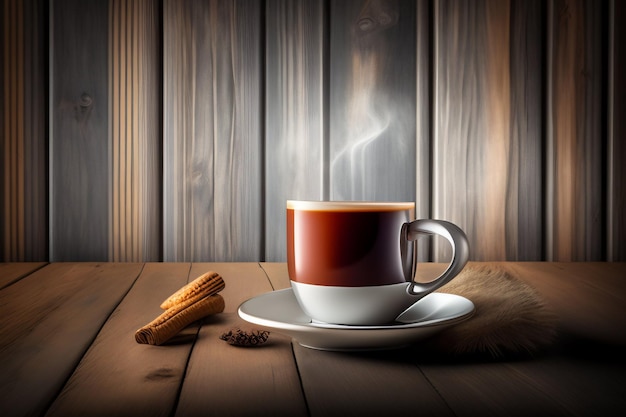 A cup of coffee with cinnamon sticks on a wooden table.