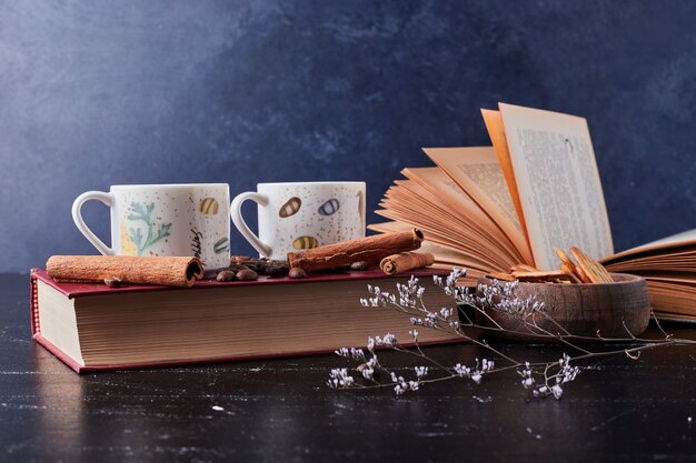 Cup of coffee with cinnamons and cookies