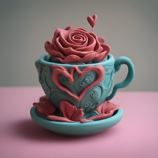 Free photo cup of coffee with a red rose on a pink background