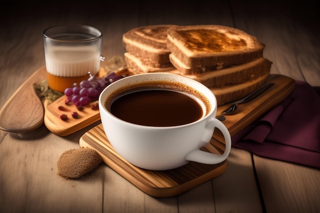 A cup of coffee with toasts and grapes on a wooden board.