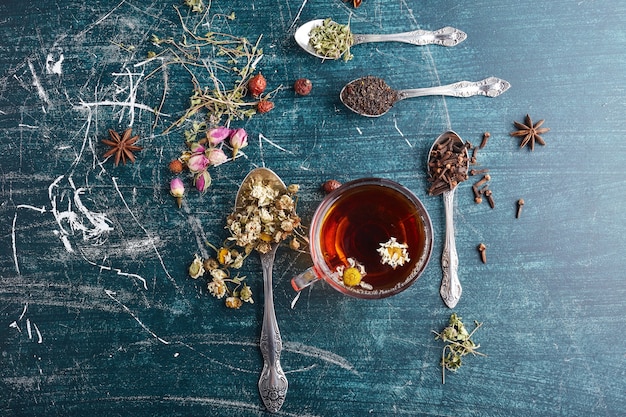 A cup of herbal tea with spices around.