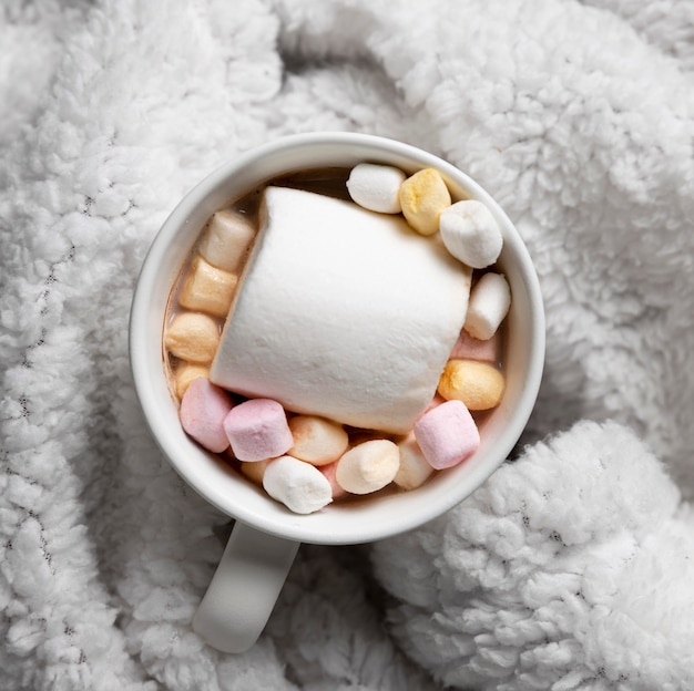 Cup of hot chocolate on cozy robe